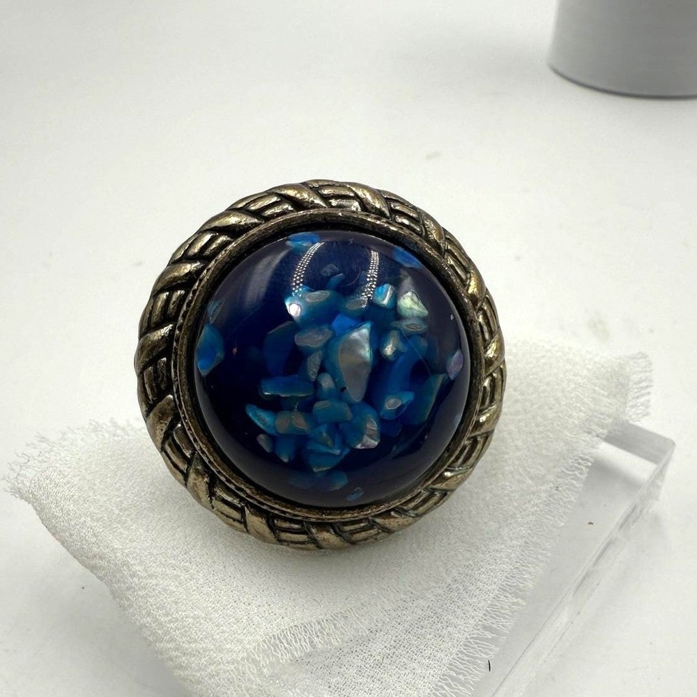 Vintage Blue Confetti Resin Statement‎ Ring Adjustable Silver Tone Cocktail Ring